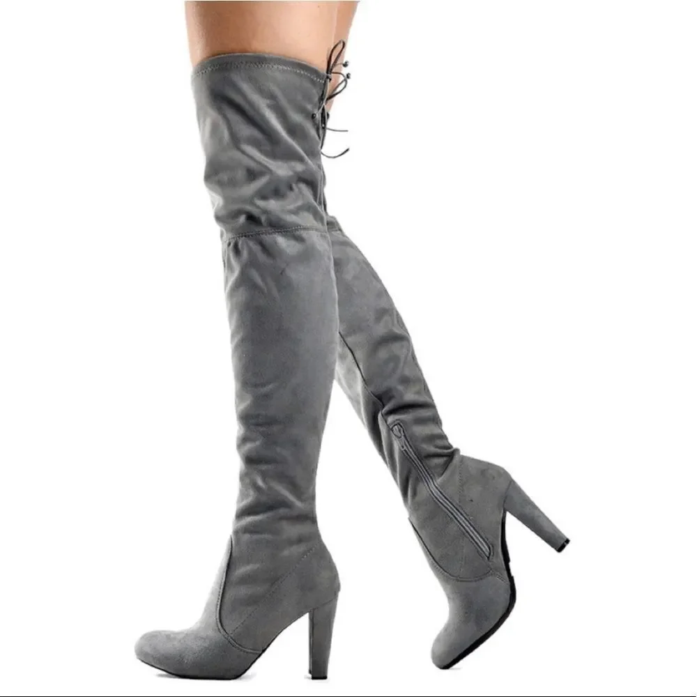 NWOB Gray Suedette Over-the-Knee Boots Sz 36